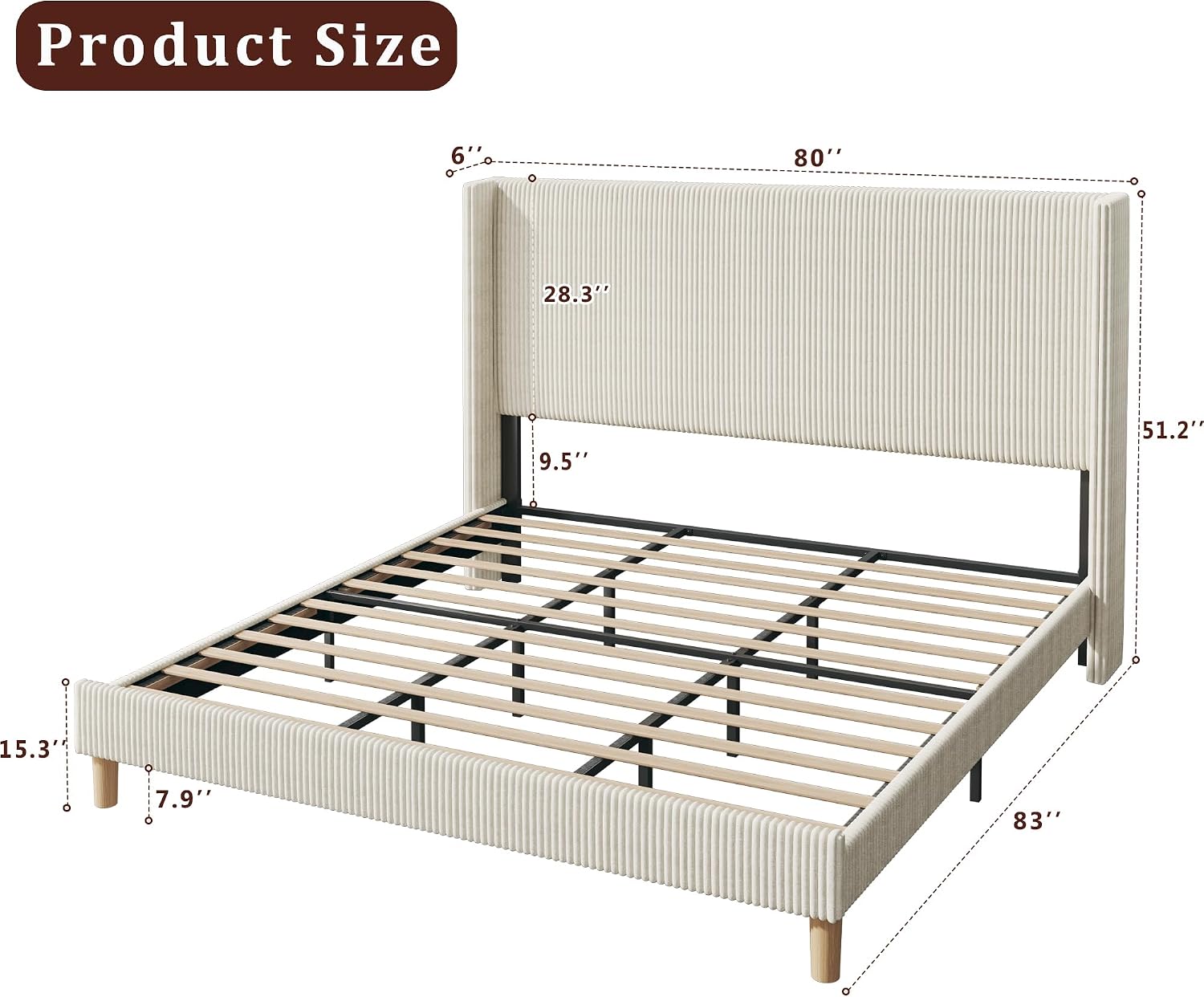 HUAHUU King Size Bed Frame with 51.2' Tall Headboard, Corduroy Upholstered Bed Frame with Wingback, Platform Bed with Wooden Slats Support, Easy Assembly, No Box Spring Needed, Beige