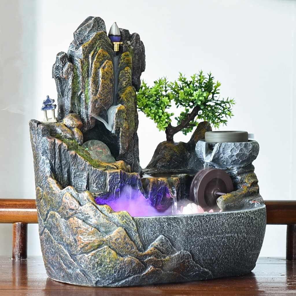 HIHELO Desktop Fountain Tabletop Fountain Resin Alpine Flowing Water Fountain Office Lucky Decoration Living Room Decorative Waterscape Ornament Water Fountain Outdoor (Color : with Nebulizer)