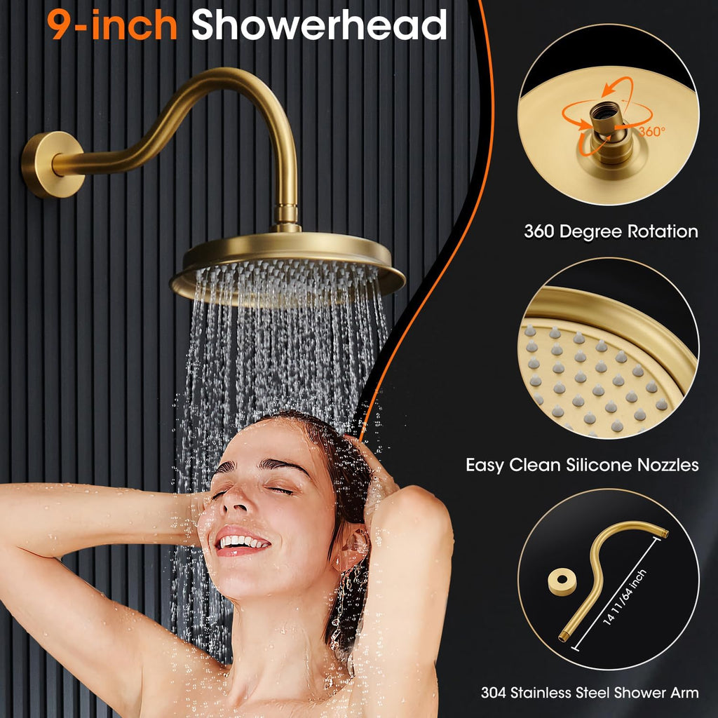 Rainfall Shower System Shower Faucet Set with Rain Shower Head and Handheld Spray, 9 inch Wall Mounted Bathroom Antique Luxury Mixer Combo Set with Pressure Balance Valve, Brushed Gold