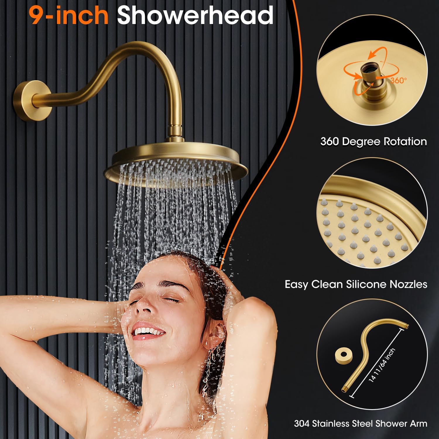 Rainfall Shower System Shower Faucet Set with Rain Shower Head and Handheld Spray, 9 inch Wall Mounted Bathroom Antique Luxury Mixer Combo Set with Pressure Balance Valve, Brushed Gold