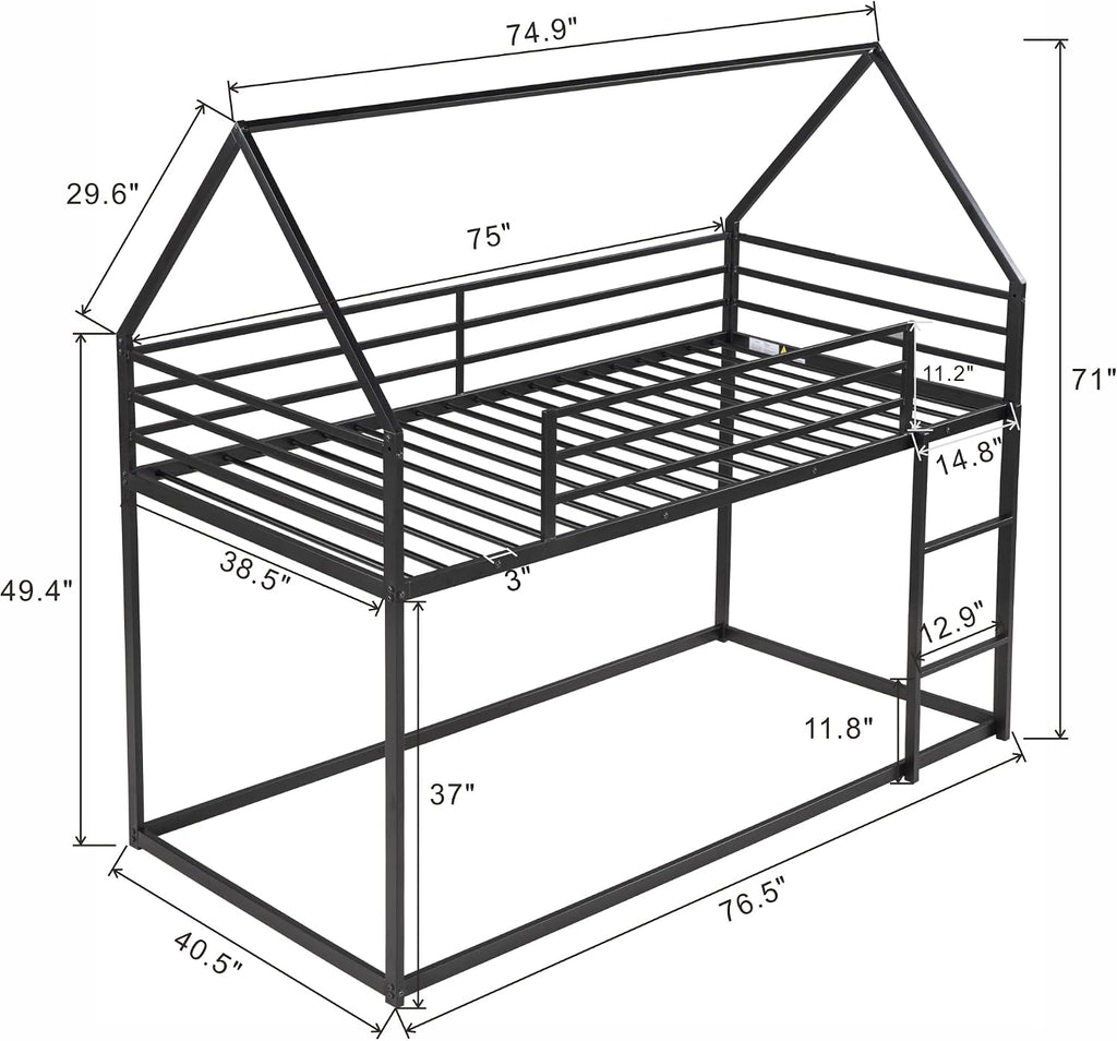 MERITLINE Metal Bunk Bed Twin Over Twin Size House Shaped Bunk Bed Frame Low Bunk Beds for Kids and Toddlers, Twin Size