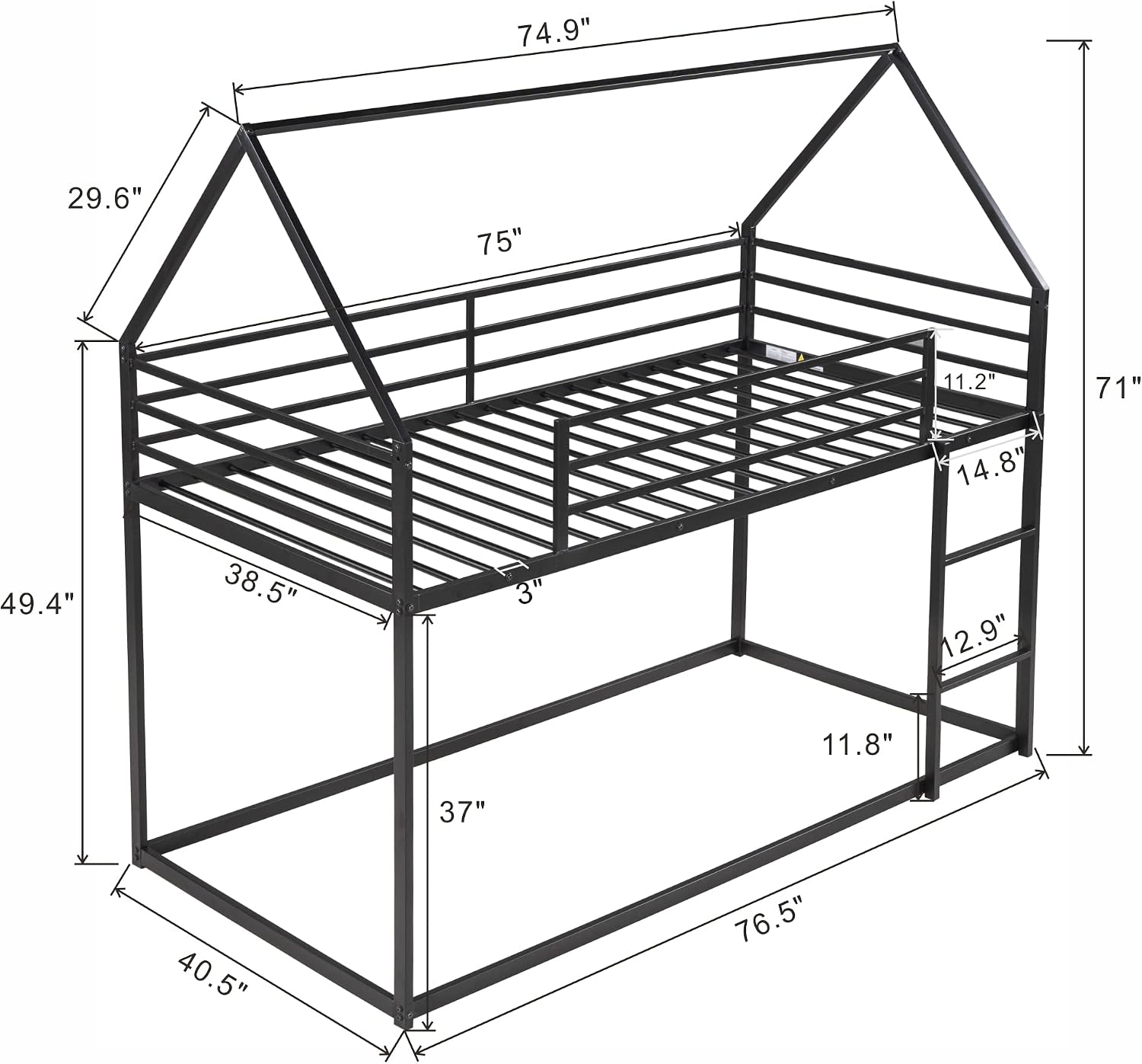 MERITLINE Metal Bunk Bed Twin Over Twin Size House Shaped Bunk Bed Frame Low Bunk Beds for Kids and Toddlers, Twin Size
