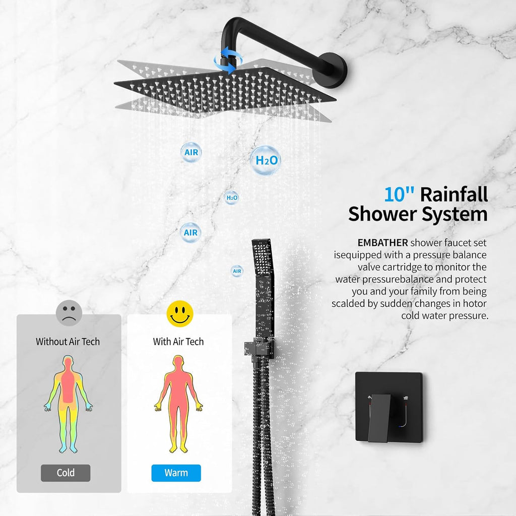 EMBATHER Shower System,10'Shower Faucet Set with Rain Shower Head and Handheld Spray Combo,Included Valve and Trim Kit,Mattle Black