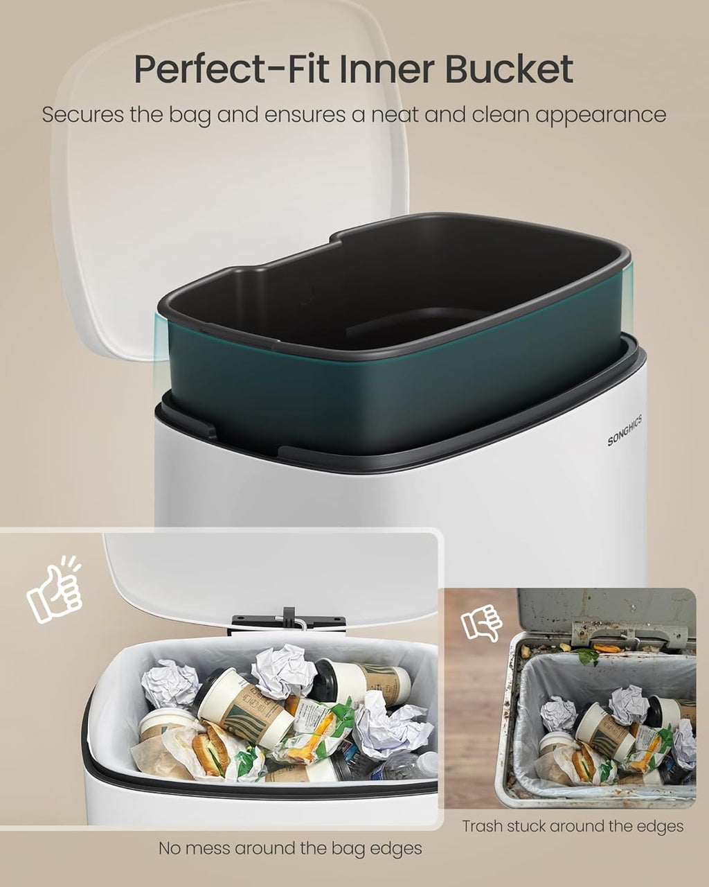 SONGMICS 20-Gallon (75 L) Trash Can, Stainless Steel Kitchen Garbage Can, Recycling or Waste Bin, Soft Close, Step-On Pedal, Removable Inner Bucket, White ULTB075WZ01