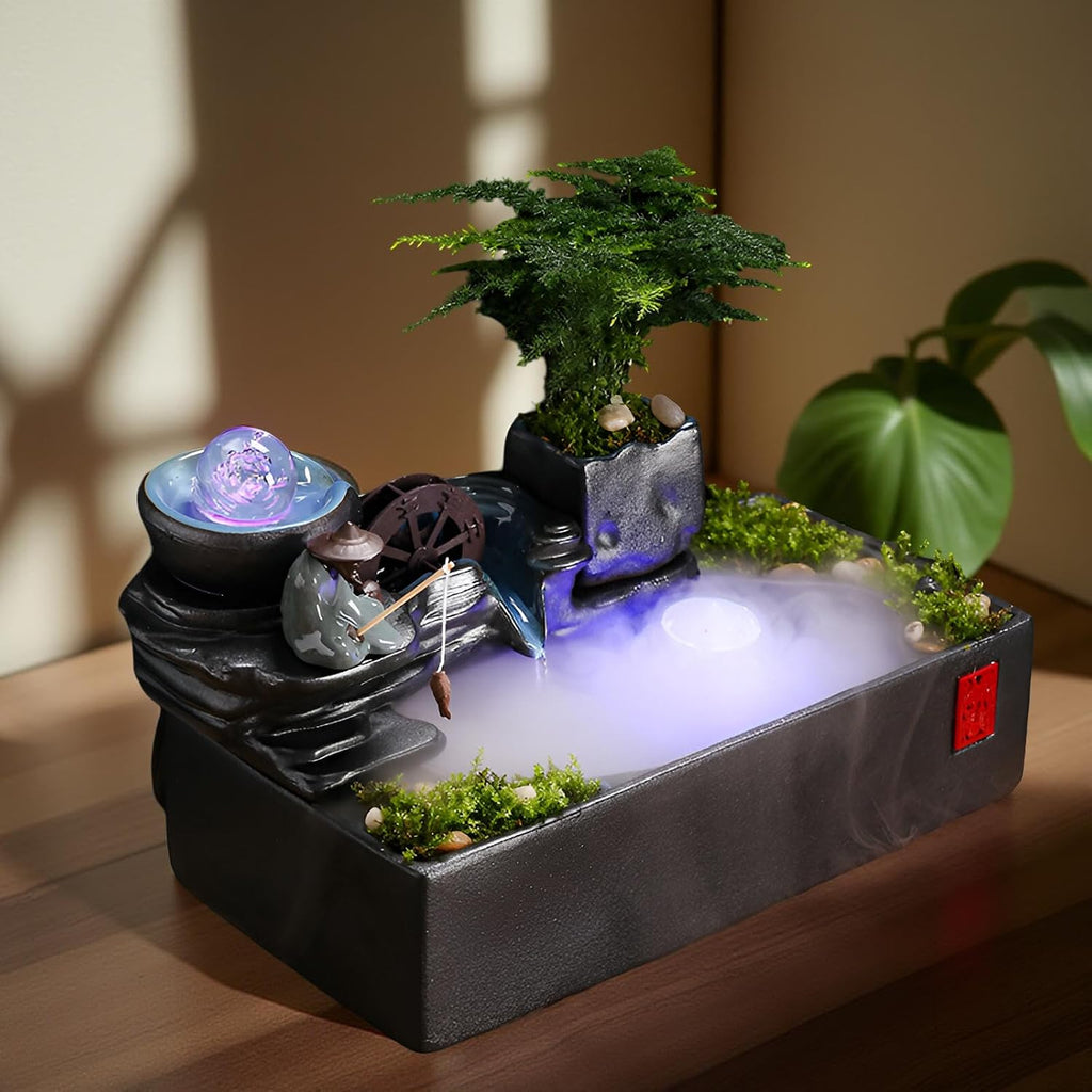 Zen Tabletop Fountain with LED Lights & Mist Maker - Indoor Waterfall Decor with Crystal Stones for Home, Office, Meditation Room - Relaxing Desktop Humidifier Gift (C Style)(C Style)