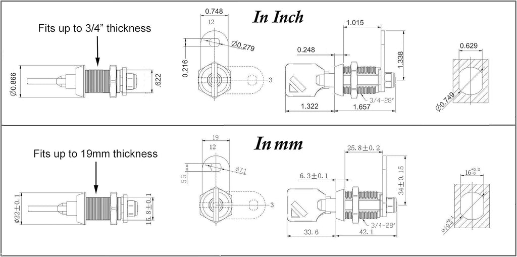 Tubular Cam Lock, Keyed Alike Removable Key (1 Inch 90°, Chrome Pack of. 25)