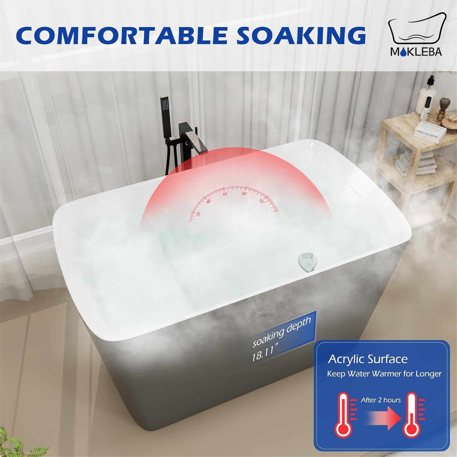 47' Lucite Acrylic Freestanding Bathtub，Square Shape Janpanese Soaking Tub with Seat Desgin,Toe-tap Chrome Right Drain, Slotted Overflow, cUPC Certified, 37° Gray