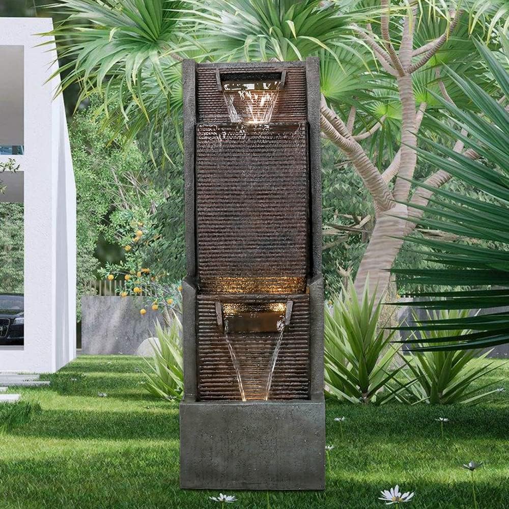 Modern Outdoor Garden Waterfalls Fountains and Indoor Floor Water Fountain with LED Lights Fountain Outdoor Garden for Office,House, Patio, Backyard, and Home Art Decor Dark Brown
