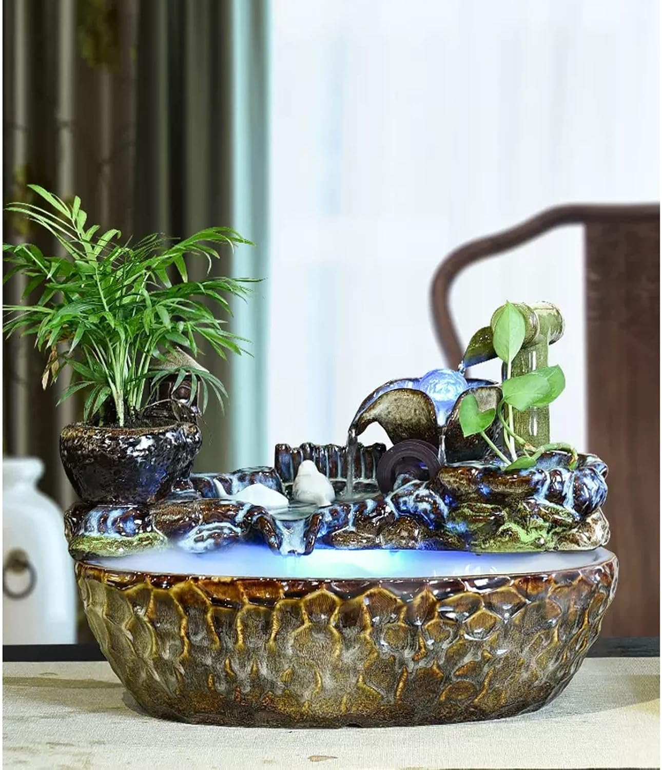 HIHELO Desktop Fountain Ceramic Tabletop Fountain Indoor Waterfall Fountain Decorative Tabletop Fountain for Bedroom, Office, Living Room Water Fountain Outdoor