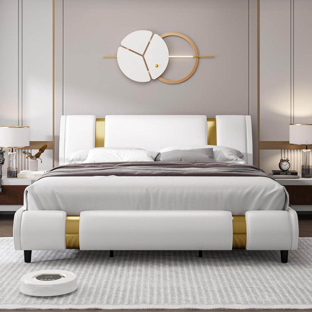 TTVIEW Modern Faux Leather Upholstered Platform Bed Frame with Golden Iron Metal Decor, Adjustable Curved Headboard, Wooden Slats Support, No Box Spring Needed, King Size, White