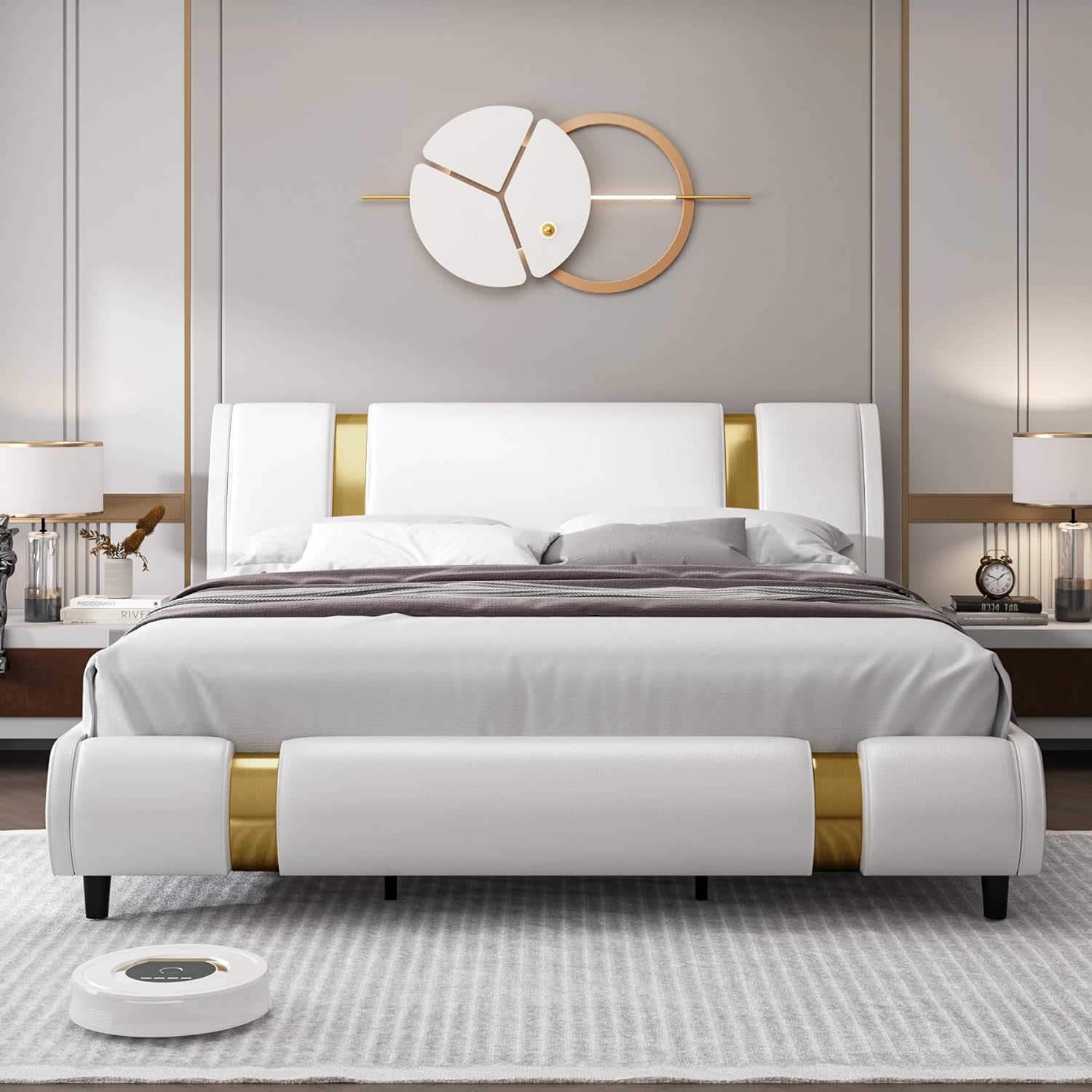 TTVIEW Modern Faux Leather Upholstered Platform Bed Frame with Golden Iron Metal Decor, Adjustable Curved Headboard, Wooden Slats Support, No Box Spring Needed, King Size, White