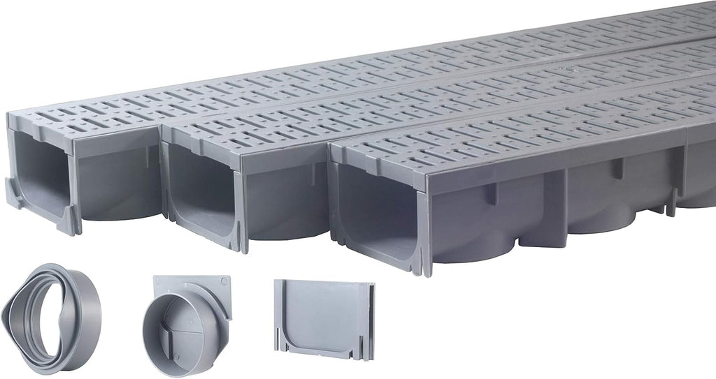 URA WATER - Model UA-100 - Drainage Trench Set - Channel Drain With Grate - Gray Plastic - 3 x 39' - (117' Total Length)