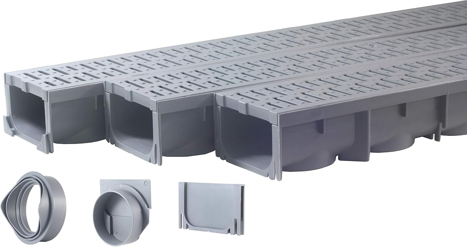 URA WATER - Model UA-100 - Drainage Trench Set - Channel Drain With Grate - Gray Plastic - 3 x 39' - (117' Total Length)