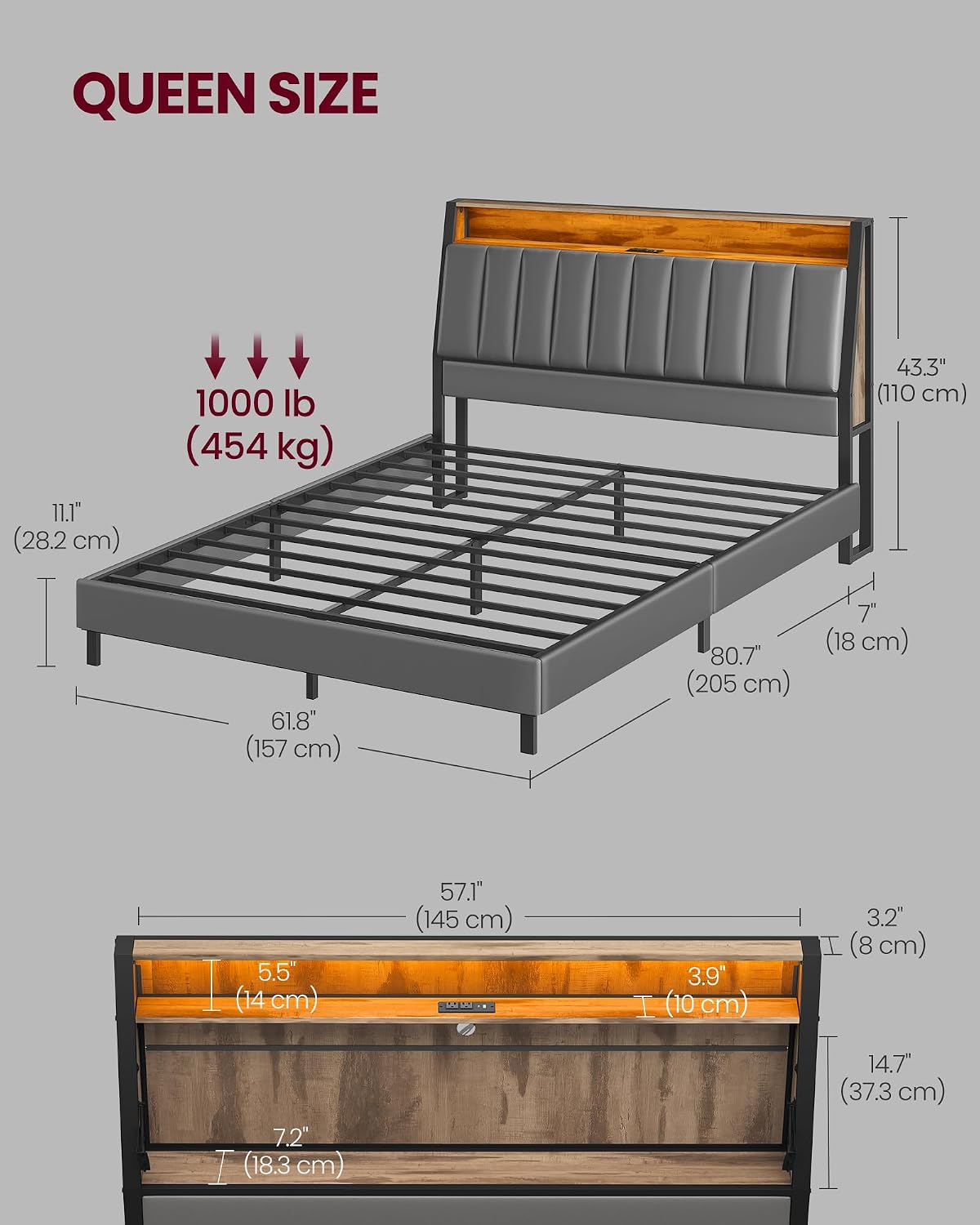 VASAGLE LED Bed Frame Queen Size, Storage Headboard and Charging Station, Queen Bed Frame with 2 AC Outlets, 1 USB Port, 1 Type-C Port, No Box Spring Needed, Dove Gray and Camel Brown URMB841G01