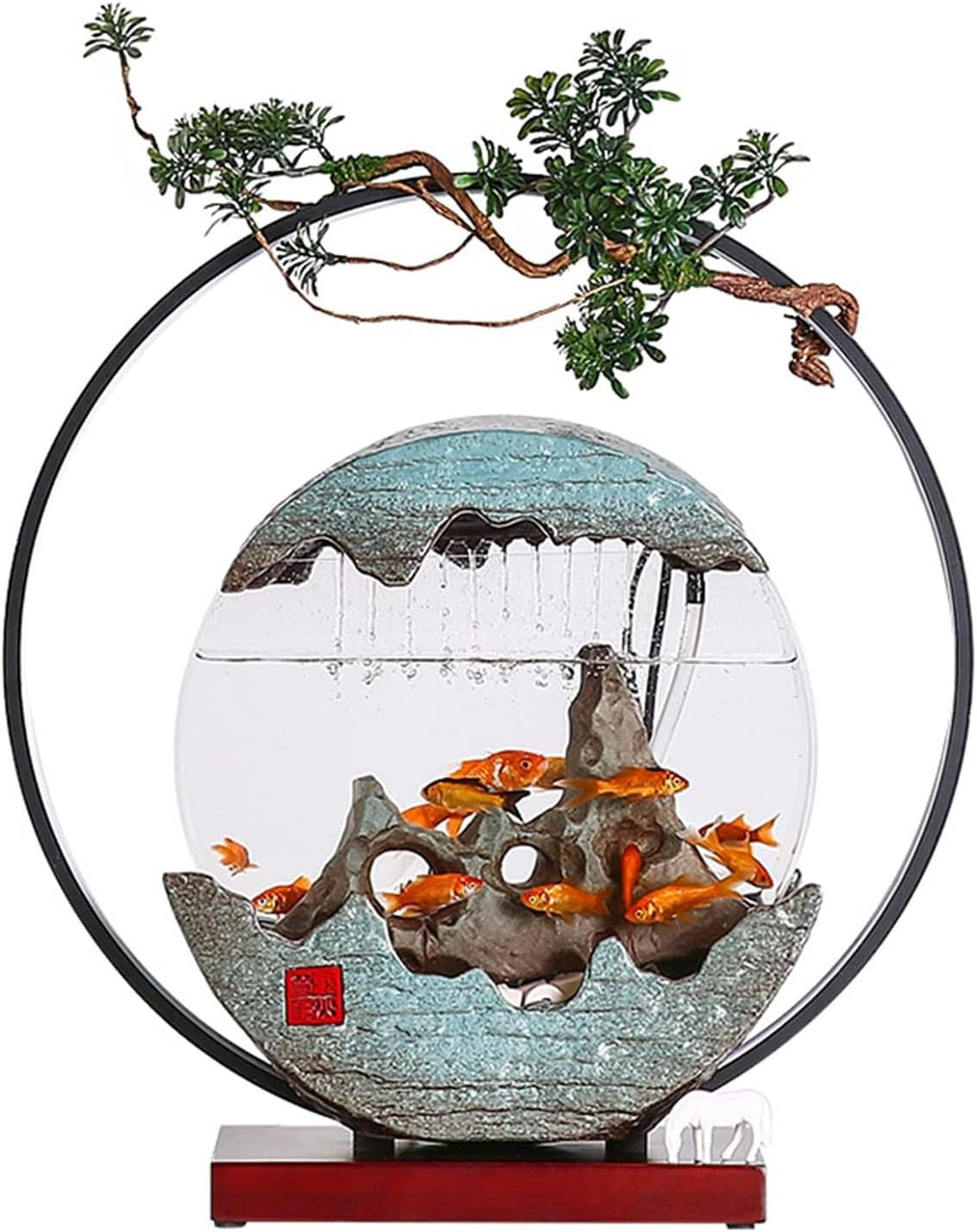 WASHLA Creative Tabletop Fountain with LED Light Ring, Warm Light That is Not Dazzling, and a Glass Fish Tank, Suitable for Multiple Scenes