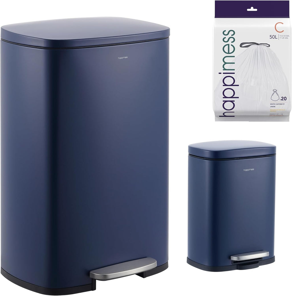 happimess HPM1006J Connor Rectangular 13-Gallon Trash Can with Soft-Close Lid and Free Mini Trash Can, Fingerprint Resistant, Modern, Minimalistic for Home, Kitchen, Office, Bathroom, Denim Blue