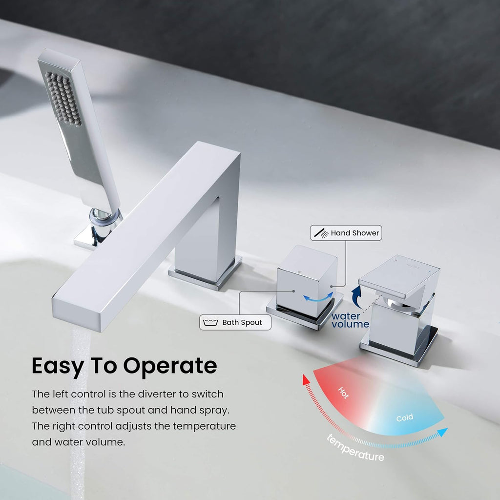 KIBI Cube Single Handle Roman Tub Faucet with Hand Shower | Deck Mounted Bathtub Faucet Set with Solid Brass Construction, Smooth Water Flow & Diverter for Easy Operation (Chrome Finish, KTF3102)