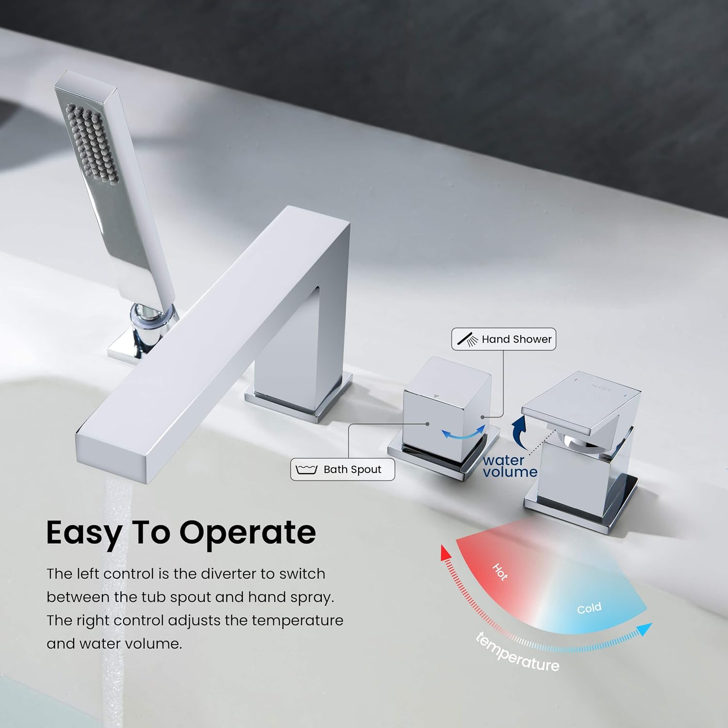 KIBI Cube Single Handle Roman Tub Faucet with Hand Shower | Deck Mounted Bathtub Faucet Set with Solid Brass Construction, Smooth Water Flow & Diverter for Easy Operation (Chrome Finish, KTF3102)