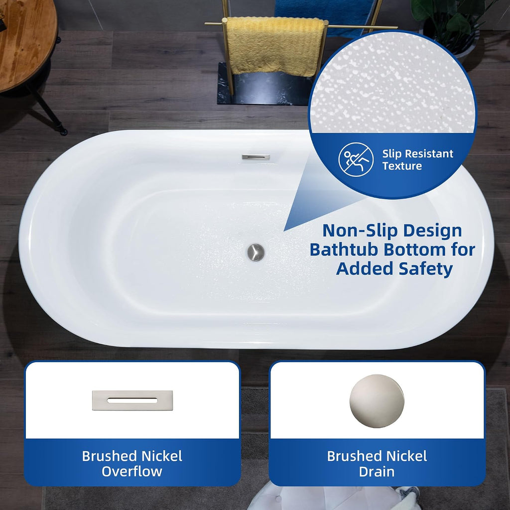 WOODBRIDGE 59' Acrylic Freestanding Bathtub Contemporary Soaking Tub with Brushed Nickel Overflow and Drain,White Tub,B0058-BN
