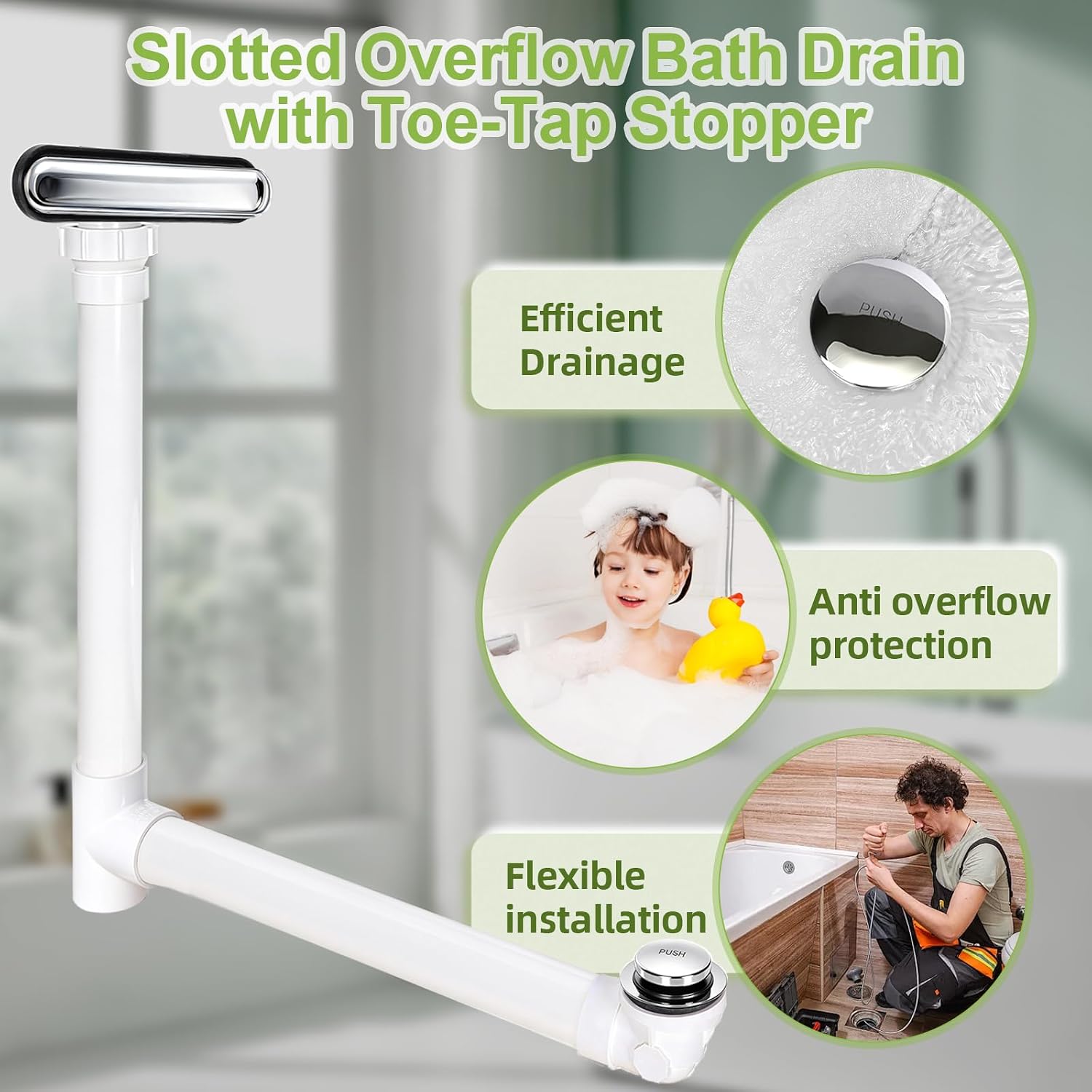 Slotted Overflow Bath Drain with Toe-Tap Stopper, with Metal Overflow Cover, Compatible with Kohler Elevance/Archer/Underscore/Rêve/Parity Baths and Whirlpools, Polished Chrome, Easy Installation