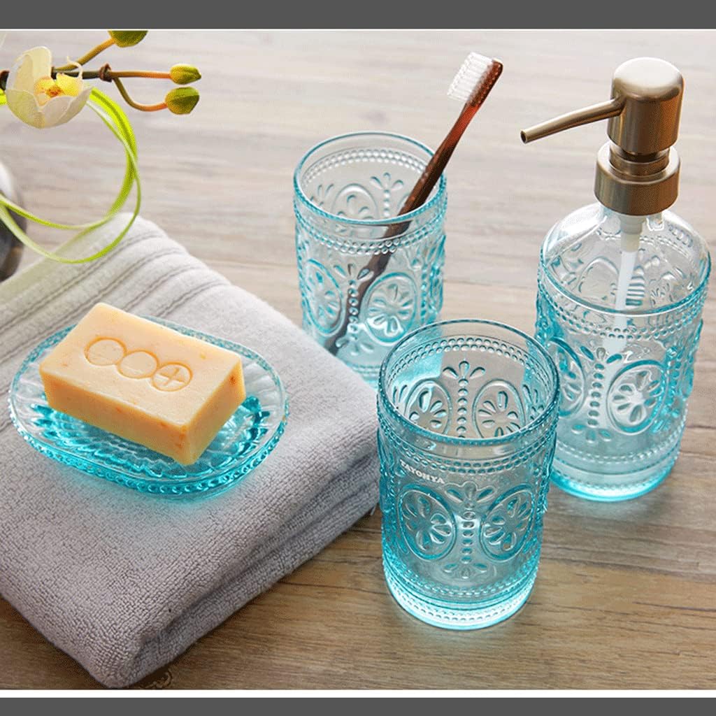 4 Pcs Blue Glass Bathroom Accessories Set,Soap Dispenser W/Vintage Embossed,Gift for Home Apartment Bathroom Decor,Baroque Style