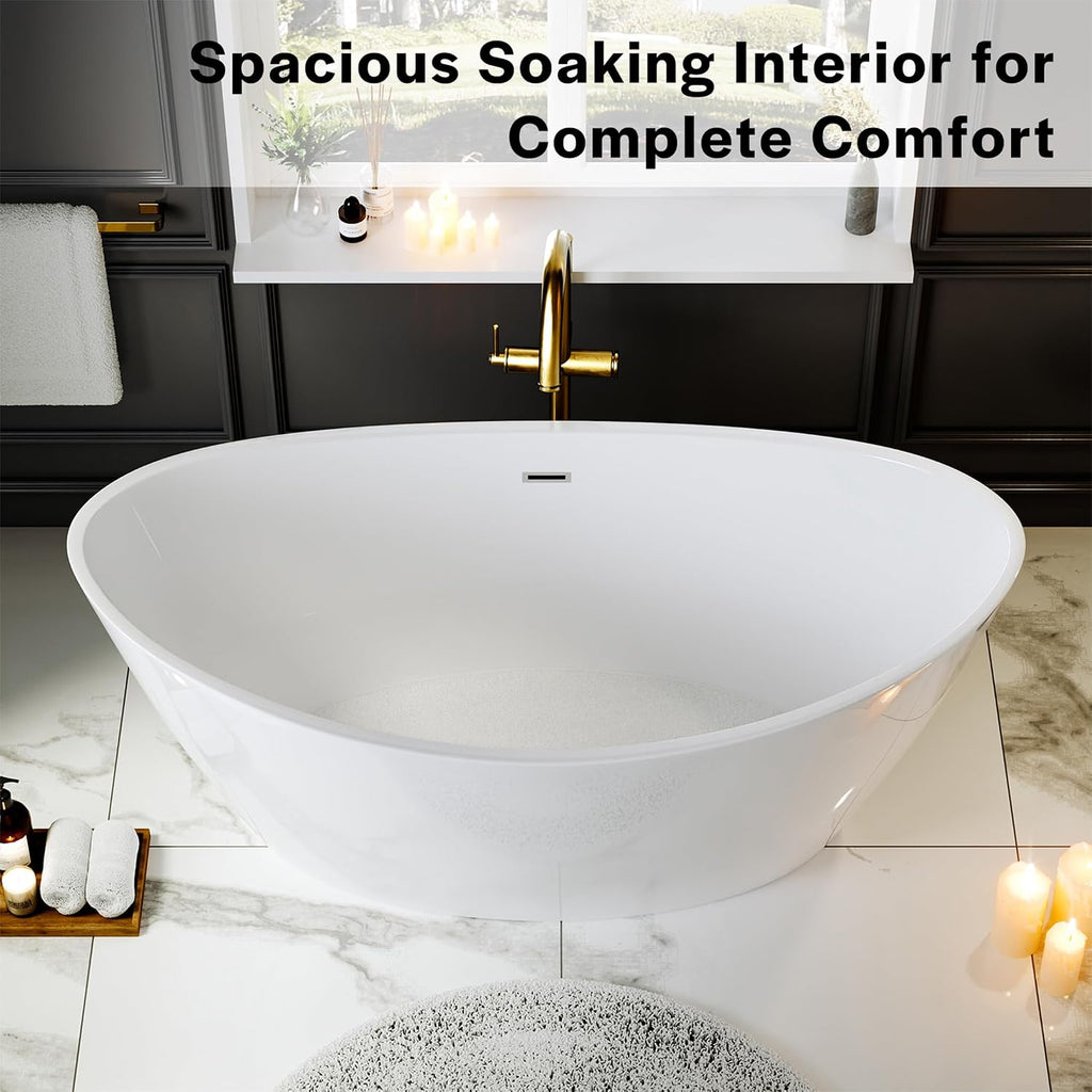 Empava Freestanding Bathtub, Acrylic Soaking Tub with Brushed Nickel Drain & Overflow – Modern Standalone Shower Tub, Non-Slip Flat Bottom Design, Glossy White, 59 Inch,cUPC Certified