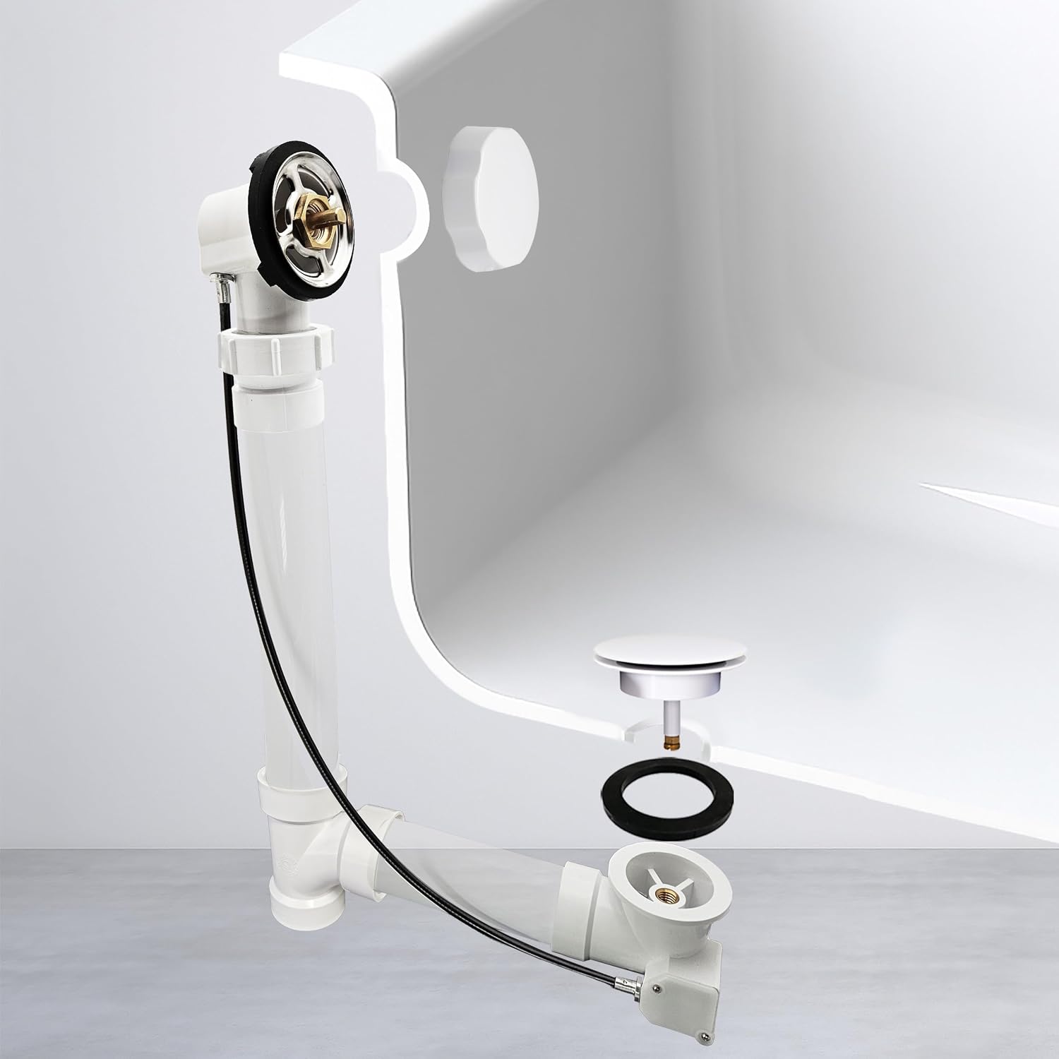 Westbrass A50P35BJ-50 1-1/2' Sch. 40 PVC 35' Cable Driven Bath Waste Kit with Ball Joint Head and Brass Trim Drain Kit, White