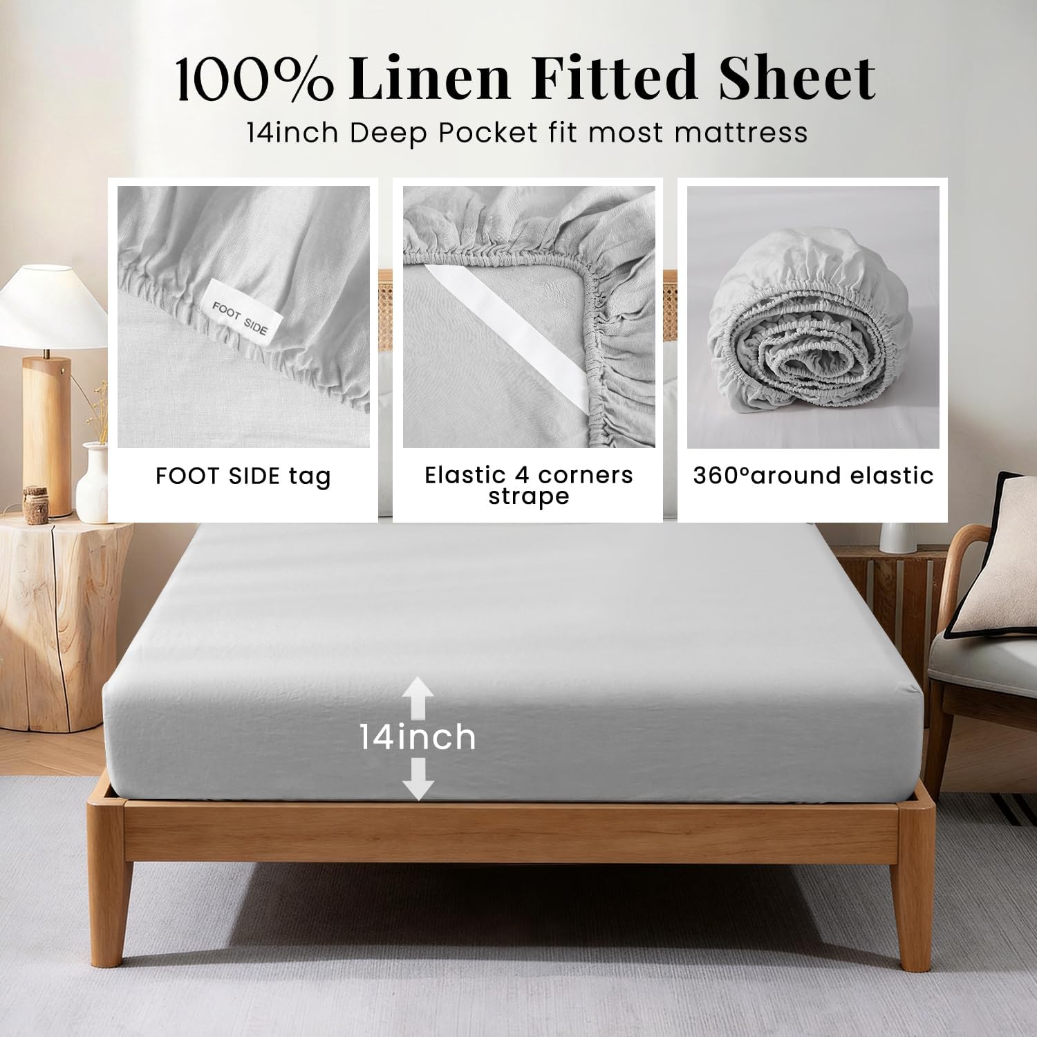 S VICTORY SYMBOL 100% Organic Linen Sheets Set Queen 4Pcs,Natural French Flax Linen Bed Sheets(1 Flat Sheet,1 Fitted Sheet 16inch,2 Pillowcase) GOTS Certified,Fog