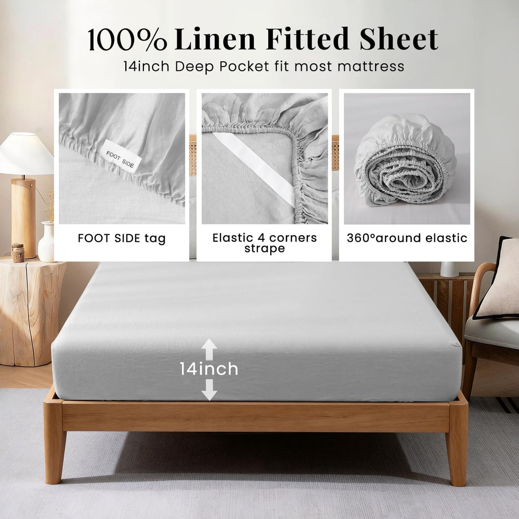 S VICTORY SYMBOL 100% Organic Linen Sheets Set Twin Size 3Pcs,French Natural Flax Bed Sheets(1 Pillowcase,1 Fitted Sheet,1 Flat Sheet) Breathable Bedding Set,Fog
