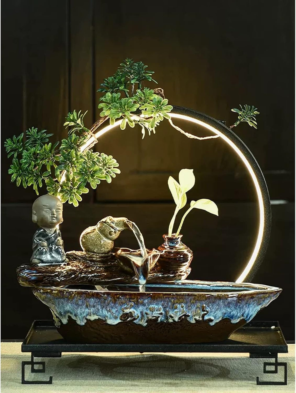 HIHELO Tabletop Fountain Indoor Relax Tabletop Fountain Waterfall Ceramic Tabletop Fountain with Black Metal Base and LED Lights Indoor Zen Tabletop Water Feature Indoor Fountain
