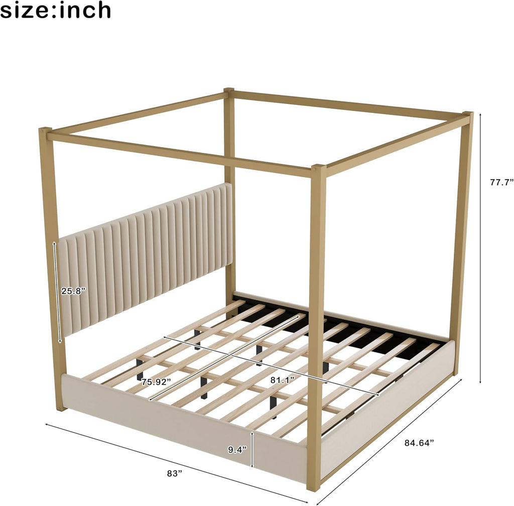 LUMISOL King Size Metal Canopy Bed Frame, 4 Poster Bed with Tall Upholstered Headboard, Velvet Upholstered Canopy Platform Bed, No Box Spring Needed, Beige + Gold