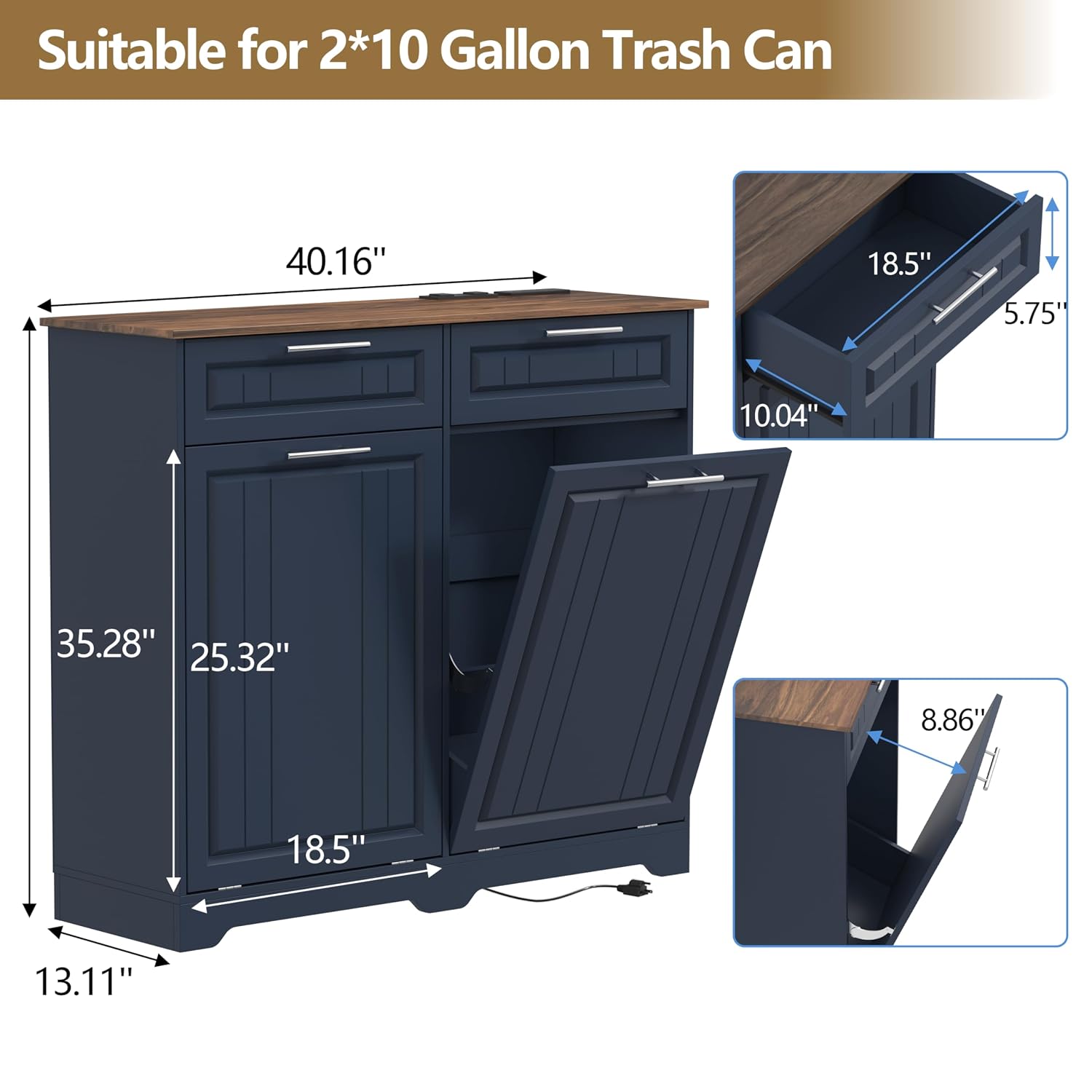 Double 10 Gallon Tilt Out Trash Can Cabinet with Deodorizing Function and Power Outlet, Wooden Hidden Garbage Can Holder with 2 Storage Drawers for Kitchen, Laundry Hamper Cabinet for Bathroom, Blue