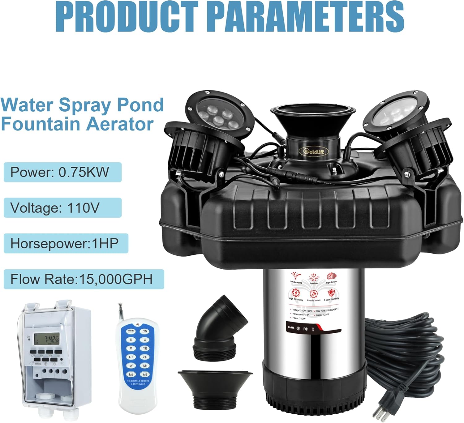 Goldlife Pond Fountain Aerator, F3 With 4 RGB Lights, 1HP 750W 110V Stainless Steel Floating Fountain With 100FT Power Cord Black Octagon Aerating Fountain Pump for Small Large Pond Lake Pool FishFarm