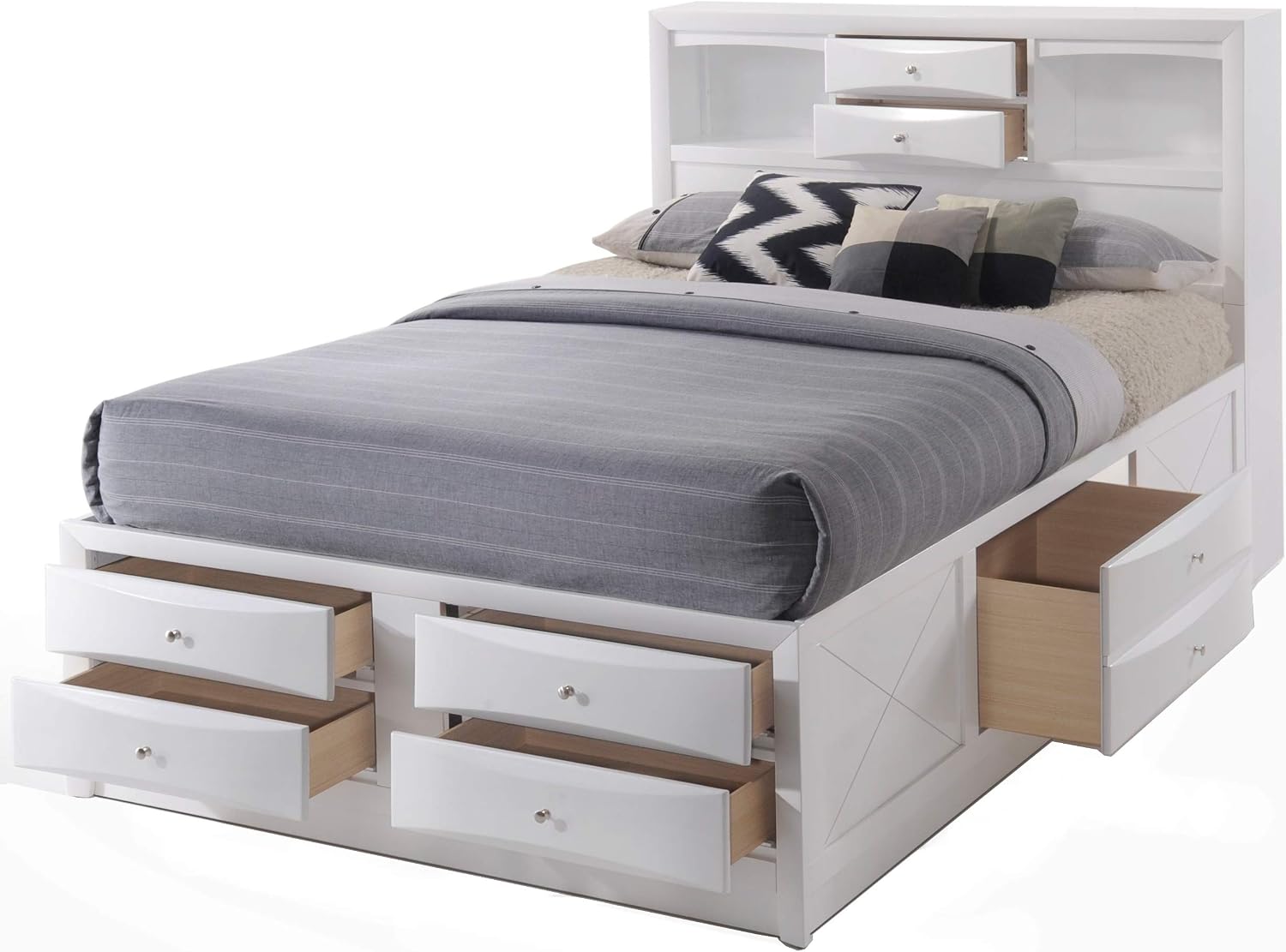 Queen Bed with Storage, Solid Wood Queen Size Bed Frame with Headboard (2 Bookcase, 2 Drawers), Footboard (4 Drawers), Rail with 2 Drawers, Wooden Slat, No Box Spring Needed, White