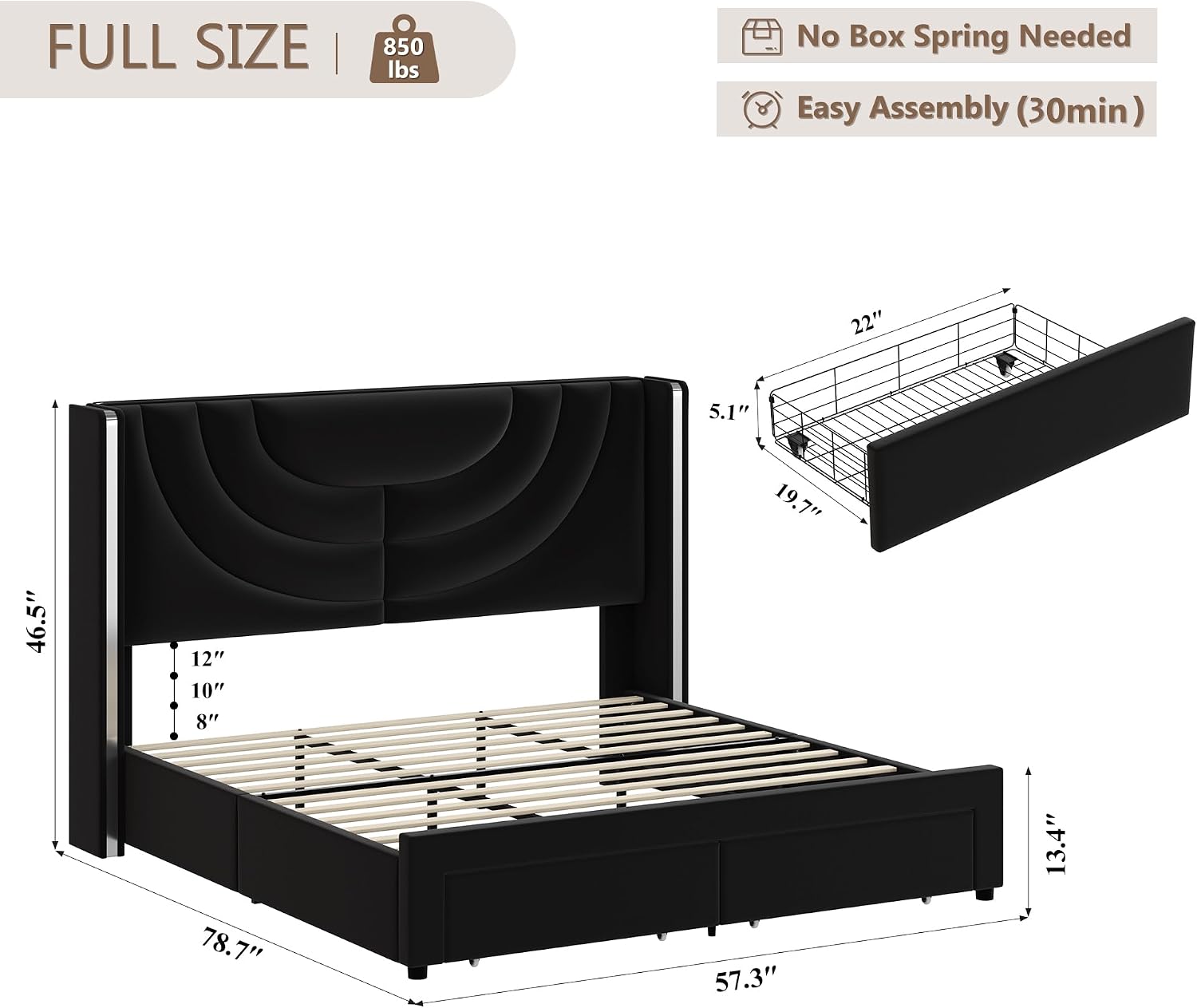 HITHOS Full Upholstered LED Bed Frame with 2 Storage Drawers, Velvet Platform Bed with Wingback Headboard, Solid Wooden Slats Support, No Box Spring Needed, Headboard Splicing Design, Black
