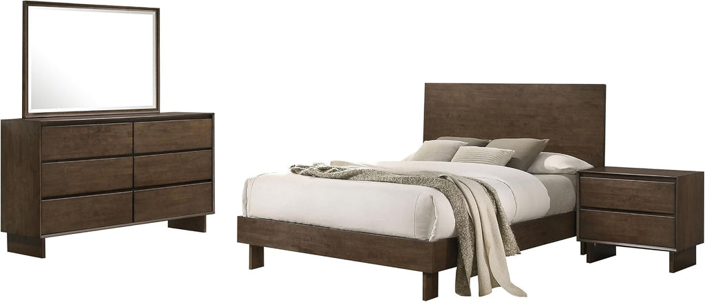 Coaster Home Furnishings Glenwood Transitional 4-Piece Bedroom Set Queen Size Panel Bed Frame 48-inch Headboard Warm Brown 225011Q-S4