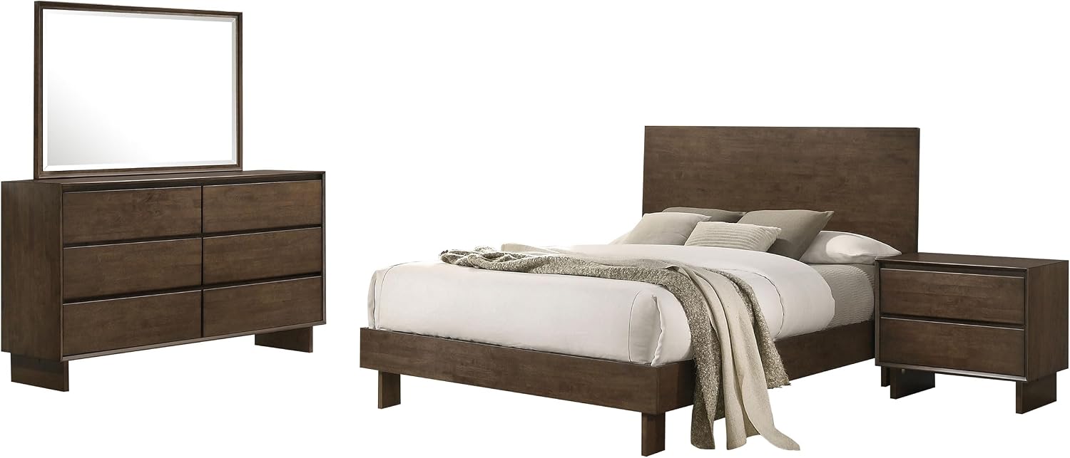 Coaster Home Furnishings Glenwood Transitional 4-Piece Bedroom Set Queen Size Panel Bed Frame 48-inch Headboard Warm Brown 225011Q-S4