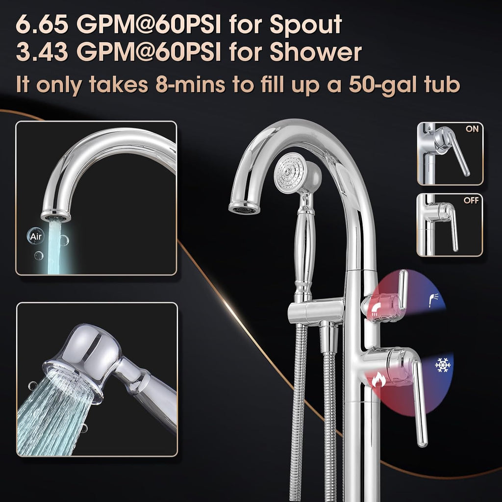 Free Standing Bathtub Faucet Brass Bathtub Faucets High Flow Soaker Tub Faucet with Vintage Handheld Sprayer Polished Chrome
