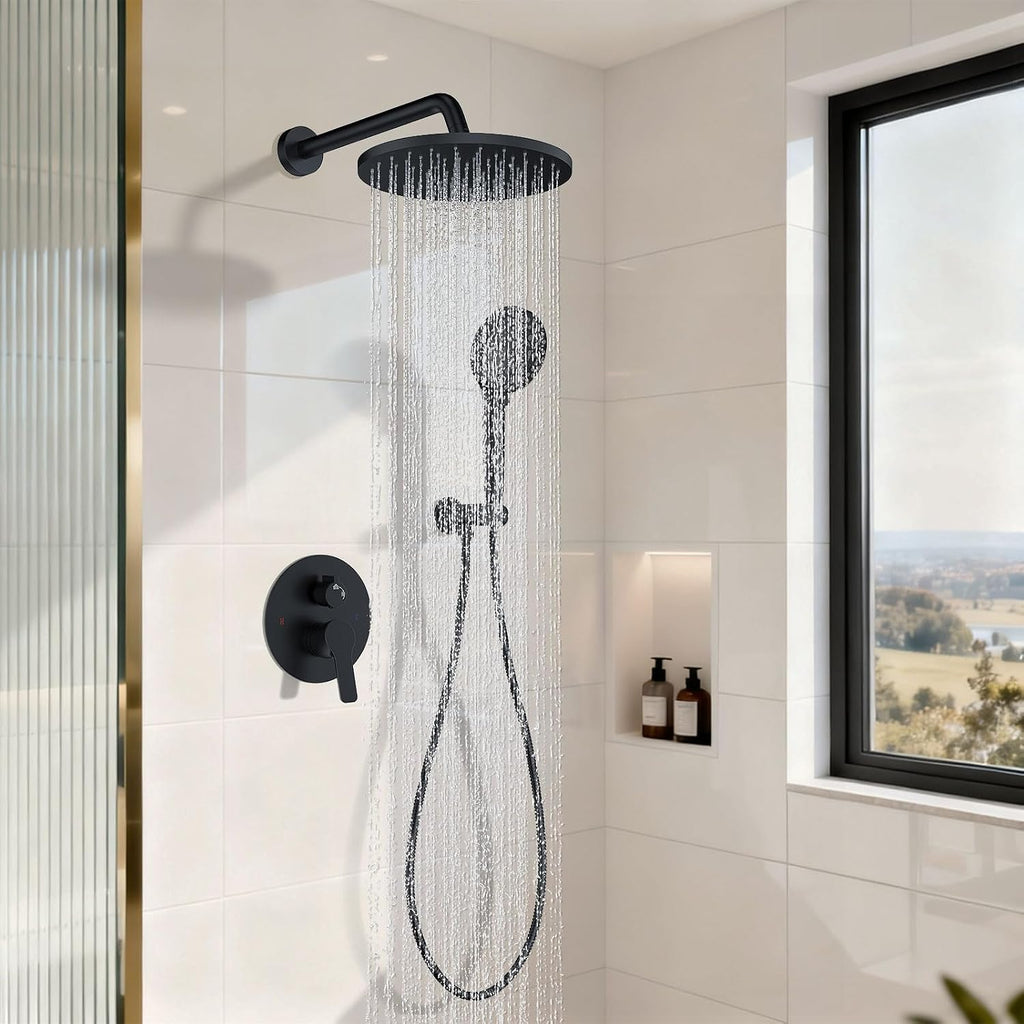 Iriber Mattle Black Round Rain Shower System Faucet Set，Filtered Shower Head with Handheld, Modern Bathroom 9 Spray Mode Showerhead with Filters,Shower Valve Trim Kit Contain Cartridge,10 Inch