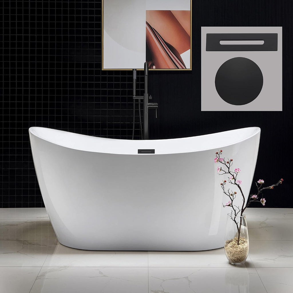 WOODBRIDGE 59' Acrylic Freestanding Bathtub Contemporary Soaking White Tub with Matte Black Overflow and Drain，B0016 -MB-Drain &O