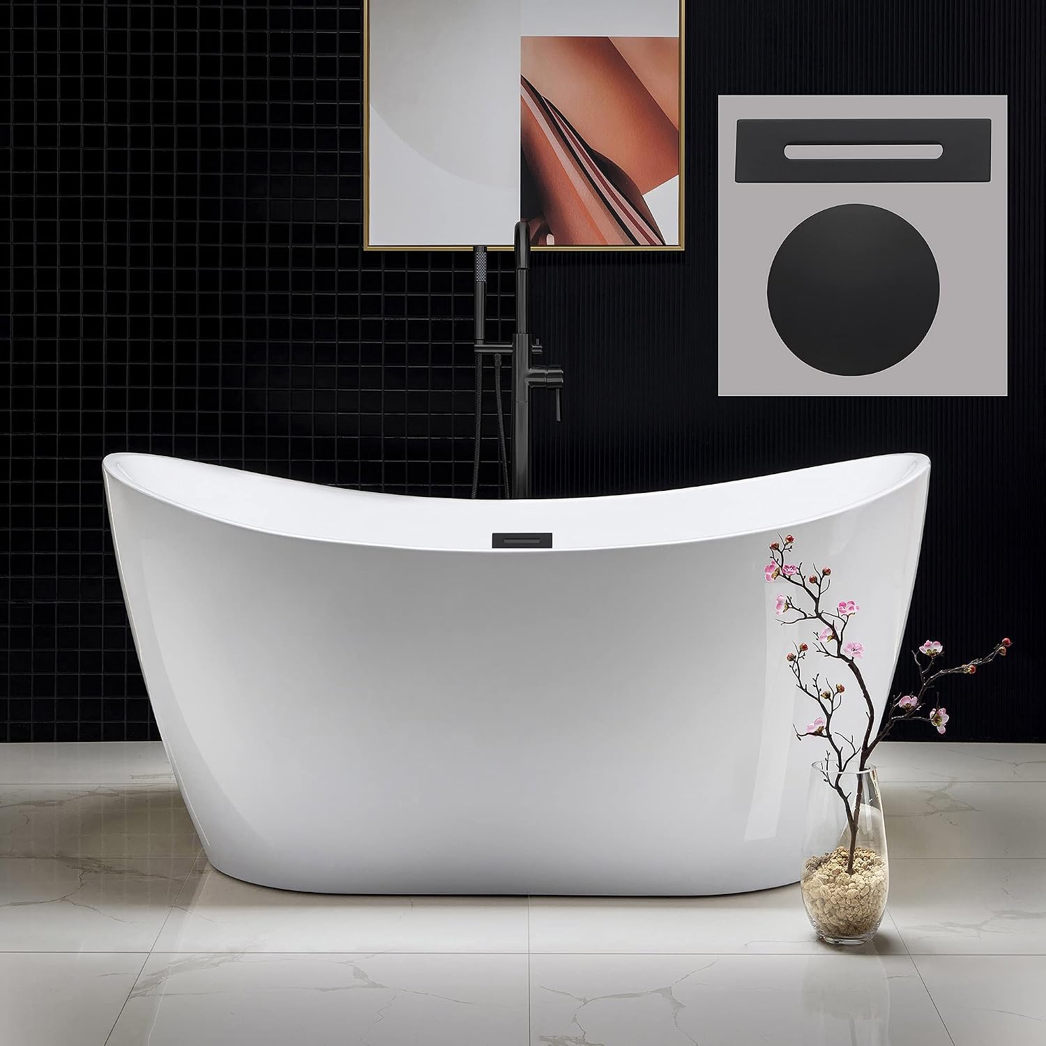 WOODBRIDGE 59' Acrylic Freestanding Bathtub Contemporary Soaking White Tub with Matte Black Overflow and Drain，B0016 -MB-Drain &O