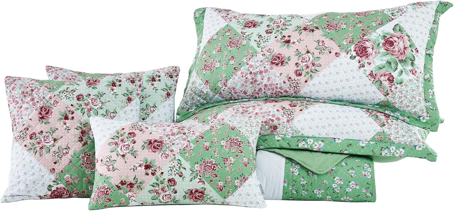 DaisyHuang Oversized King Bedspread 138x120 Extra Wide, Farmhouse Patchwork Floral Quilt Bedding Cover, Reversible, 6 Piece, 100% Microfiber, California/Alaskan King, Rose