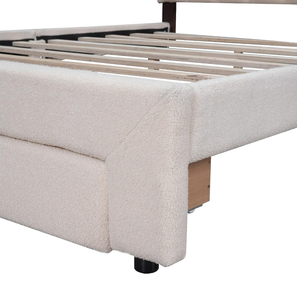 Queen Size Teddy Fleece Upholstered Platform Bed with Drawer,LED Bed Frame W/ 2 USB Ports,for Bedroom,Apartment,Guest Room,Beige