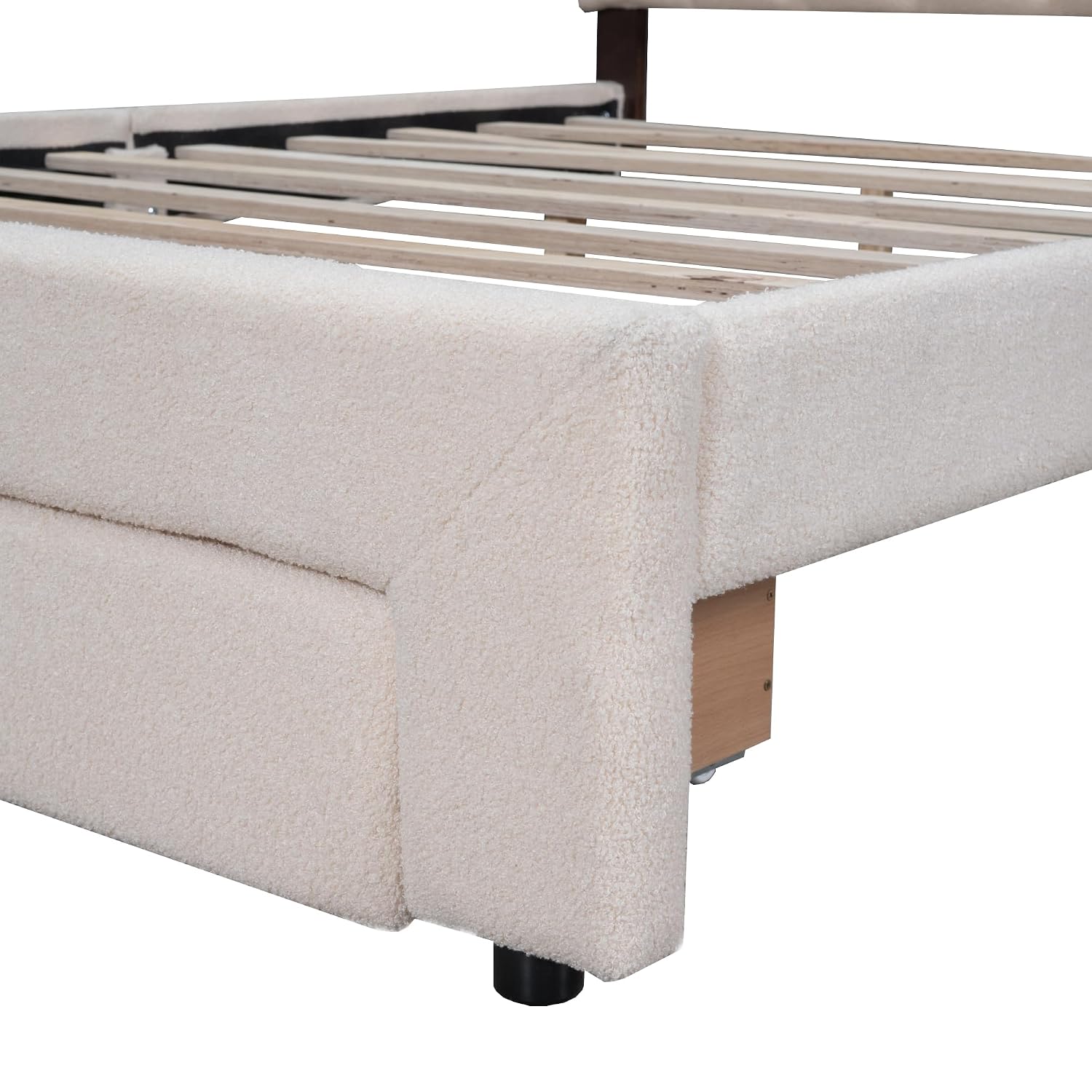 Queen Size Teddy Fleece Upholstered Platform Bed with Drawer,LED Bed Frame W/ 2 USB Ports,for Bedroom,Apartment,Guest Room,Beige