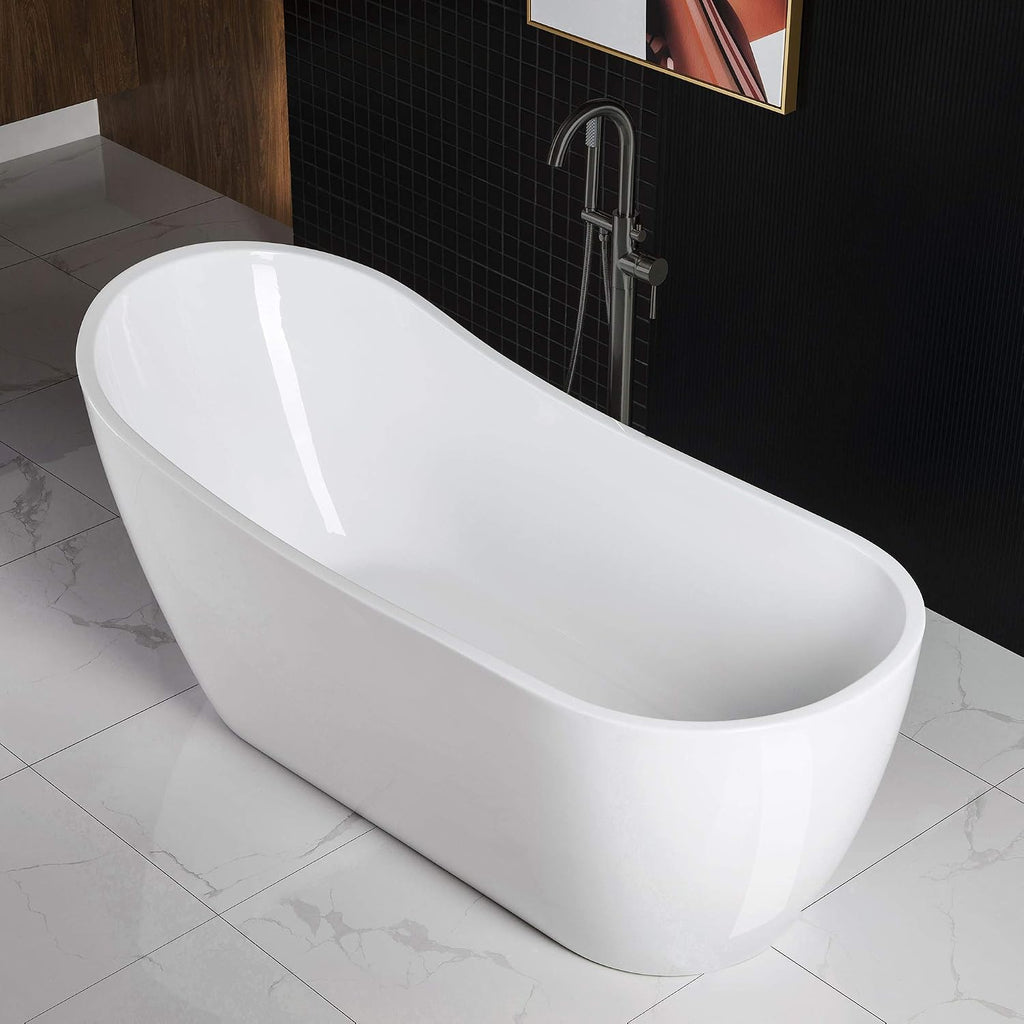 WOODBRIDGE 67' Acrylic Freestanding Bathtub Contemporary Soaking White Tub with Matte Black Overflow and Drain，B0001 -MB-Drain &O