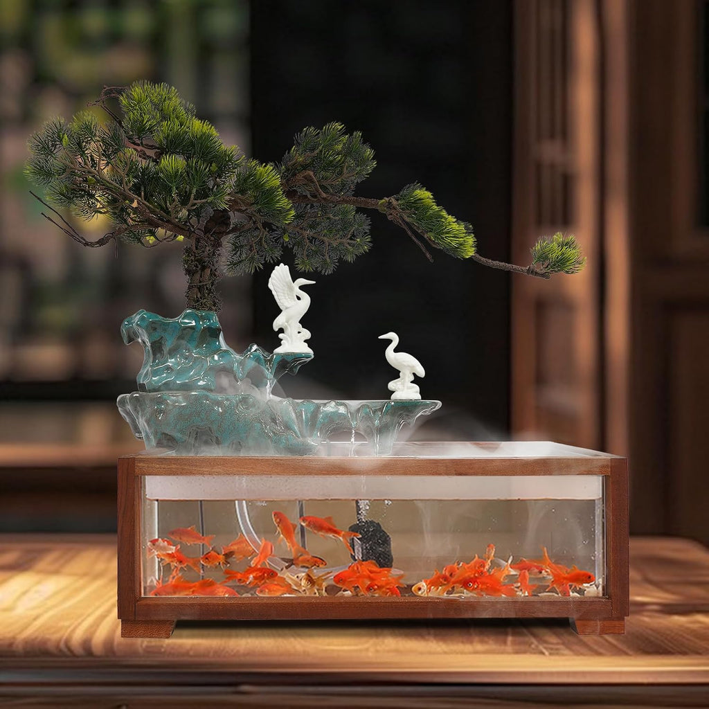 Tabletop Water Fountains Indoor Waterfall with Mist Fake Plants for Feng Shui Wealth Boom Desk Fountain with Fish Tank Pump Atomizer for Meditation in Living Room Bedroom Entrance Yoga Room