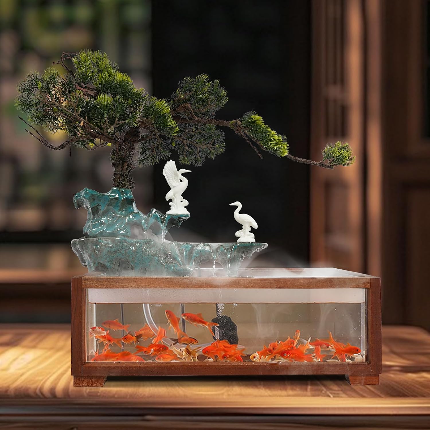Tabletop Water Fountains Indoor Waterfall with Mist Fake Plants for Feng Shui Wealth Boom Desk Fountain with Fish Tank Pump Atomizer for Meditation in Living Room Bedroom Entrance Yoga Room