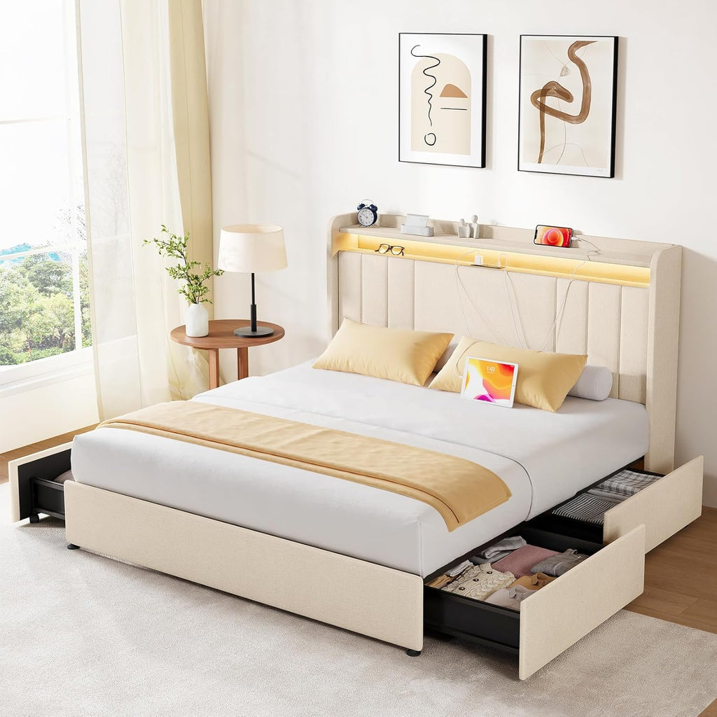 koorlian Queen Size Upholstered Bed Frame with Storage Headboard and 4 Dustproof Drawers, 51'' Tall LED Platform Bed Frame with Adjustable Headboard, USB/Type-C Charging and Side Storage, Off White