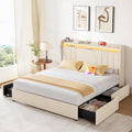koorlian Queen Size Upholstered Bed Frame with Storage Headboard and 4 Dustproof Drawers, 51'' Tall LED Platform Bed Frame with Adjustable Headboard, USB/Type-C Charging and Side Storage, Off White