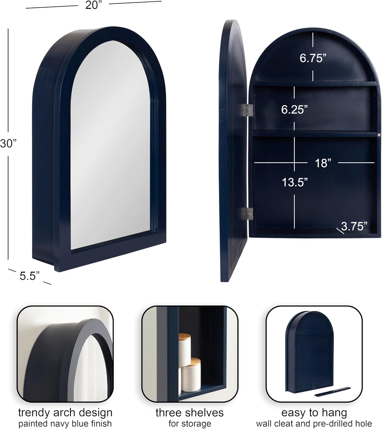Kate and Laurel Arcott Modern Arched Bathroom Cabinet with Mirror, 20 x 6 x 30, Navy Blue, Coastal Wooden Bathroom Mirror with Storage for Bath Medicine Cabinet or Over-the-Toilet Storage Option